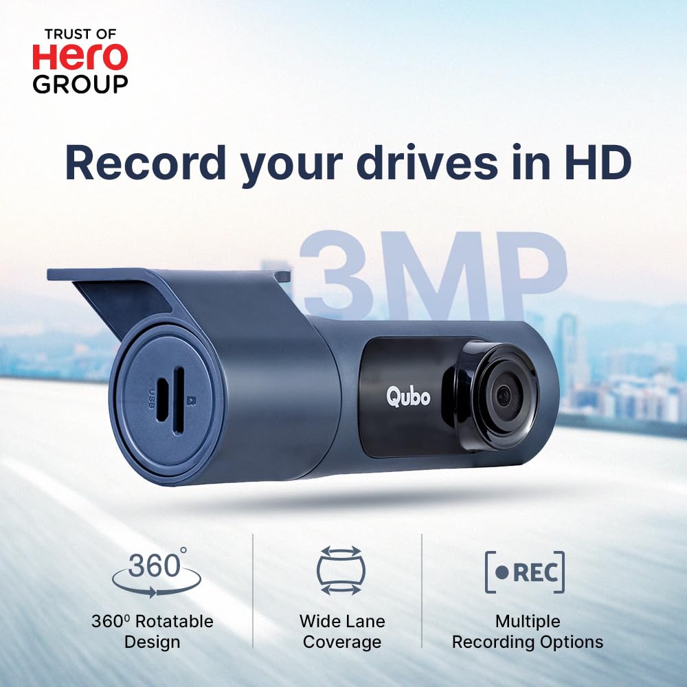 Qubo Car Dashcam Prox by Hero Group | 3MP 1296P FHD+ Camera | NightPulse Vision